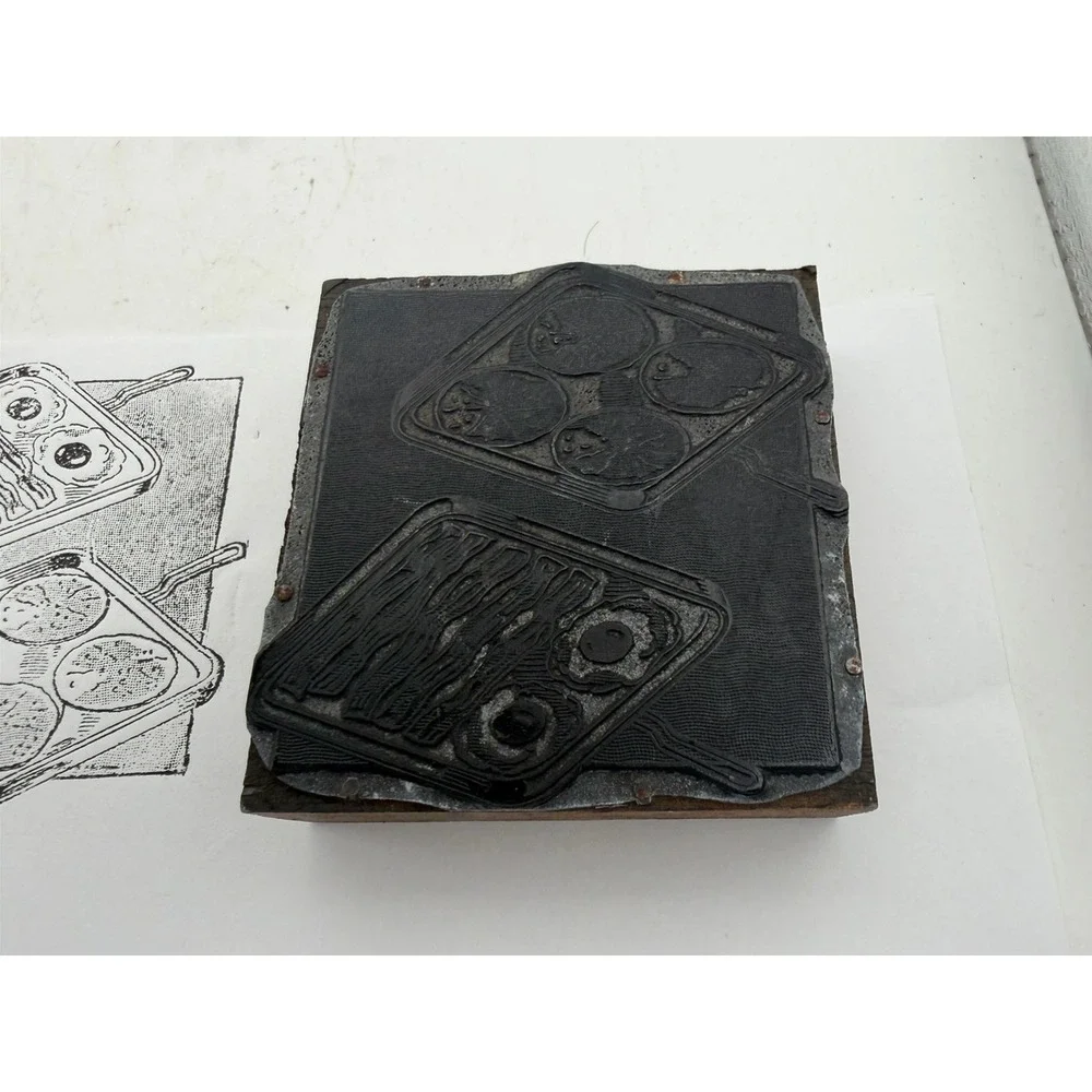 Vintage Letterpress Printing Block Breakfast Bacon Eggs & Pancakes Print Plate